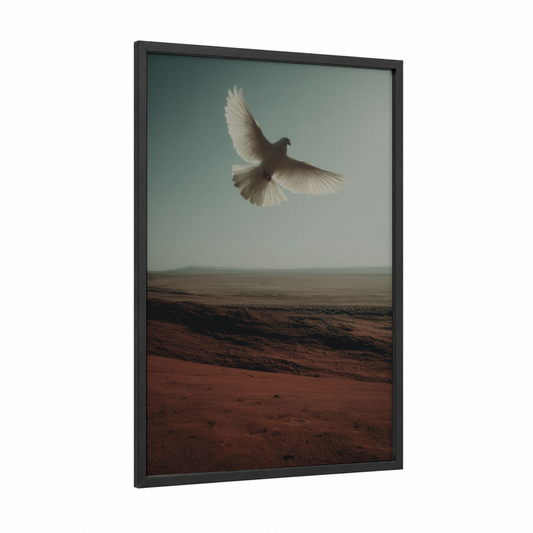 Dove in Flight framed art print — black wood frame — sage green and russet palette