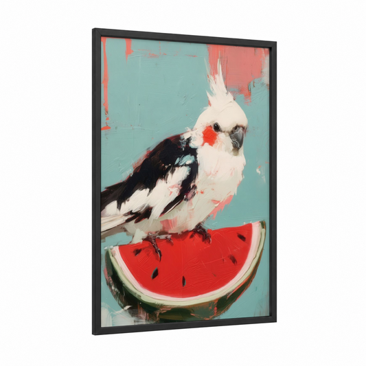 Watermelon Cockatiel framed art print — black wood frame — turquoise and salmon pink palette