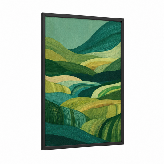 Rolling Green Waves framed green field print — black wood frame — green and yellow gold palette