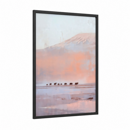 Savanna Elephant Herd framed art print — black wood frame — peach and lavender palette