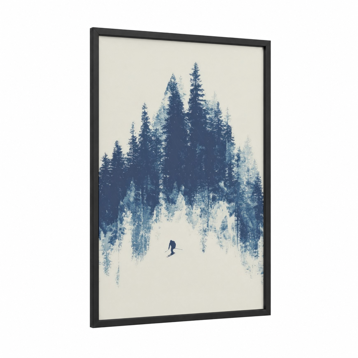 Snowy Descent framed skiing print — black wood frame — blue and white and gray palette