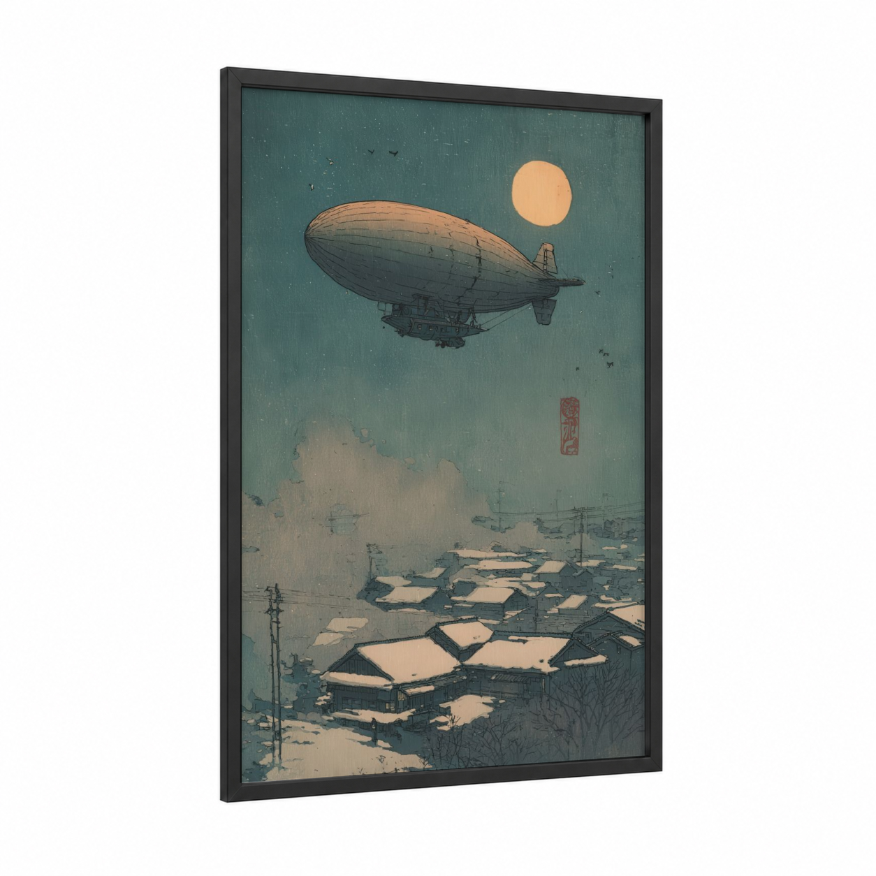 Steampunk Airship framed art print — black wood frame — dove gray and peach palette