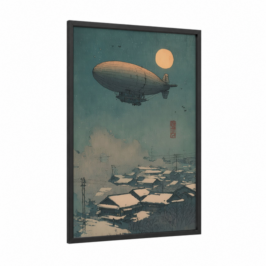 Steampunk Airship framed art print — black wood frame — dove gray and peach palette