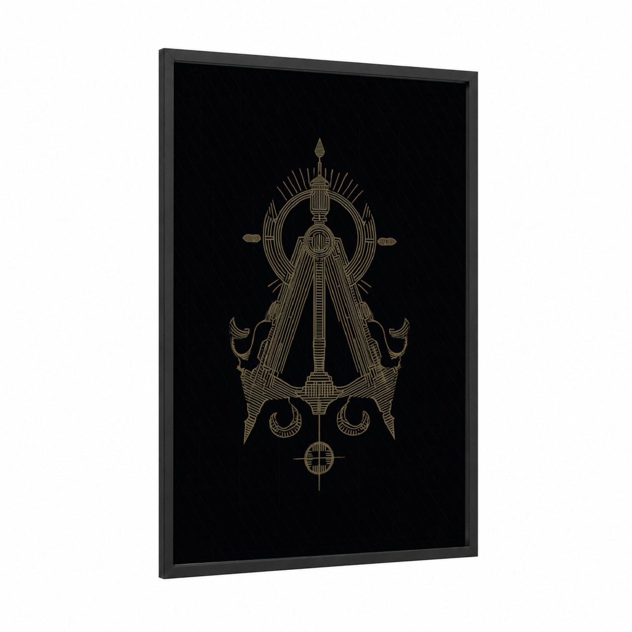 Golden Sextant framed art print — black wood frame — gold and black palette