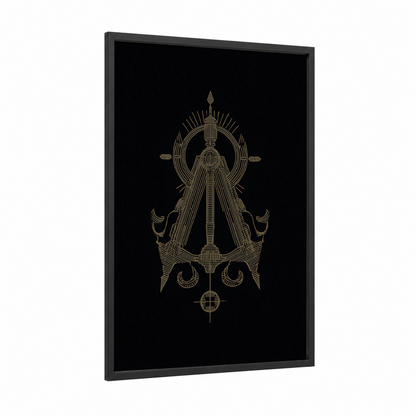 Golden Sextant framed art print — black wood frame — gold and black palette