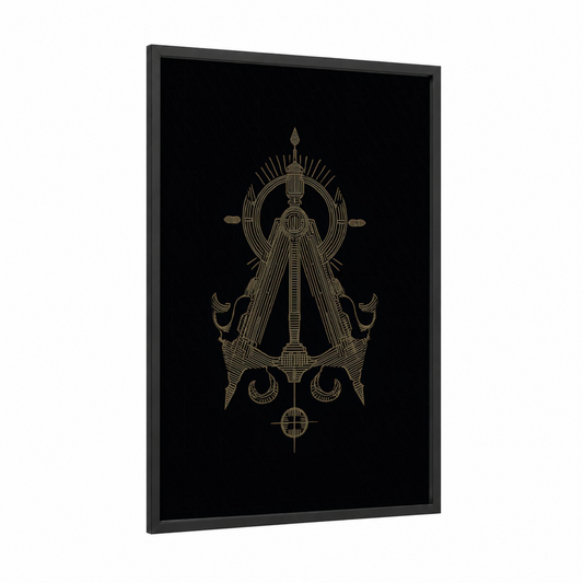 Golden Sextant framed art print — black wood frame — gold and black palette