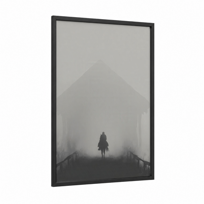 Haunted Manor framed halloween print — black wood frame — black and white and gray palette
