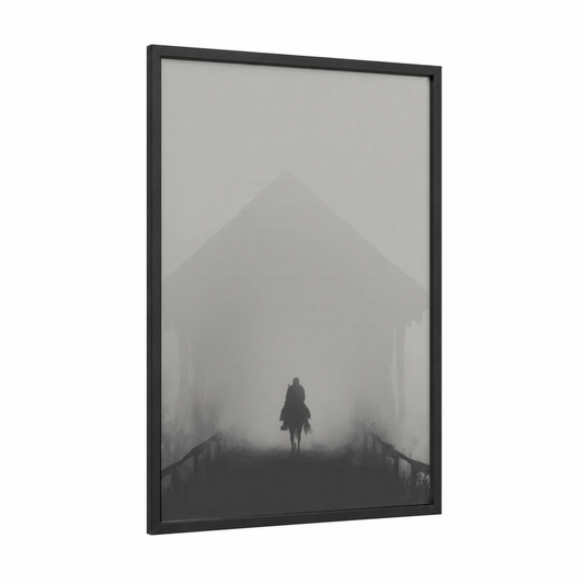 Haunted Manor framed halloween print — black wood frame — black and white and gray palette
