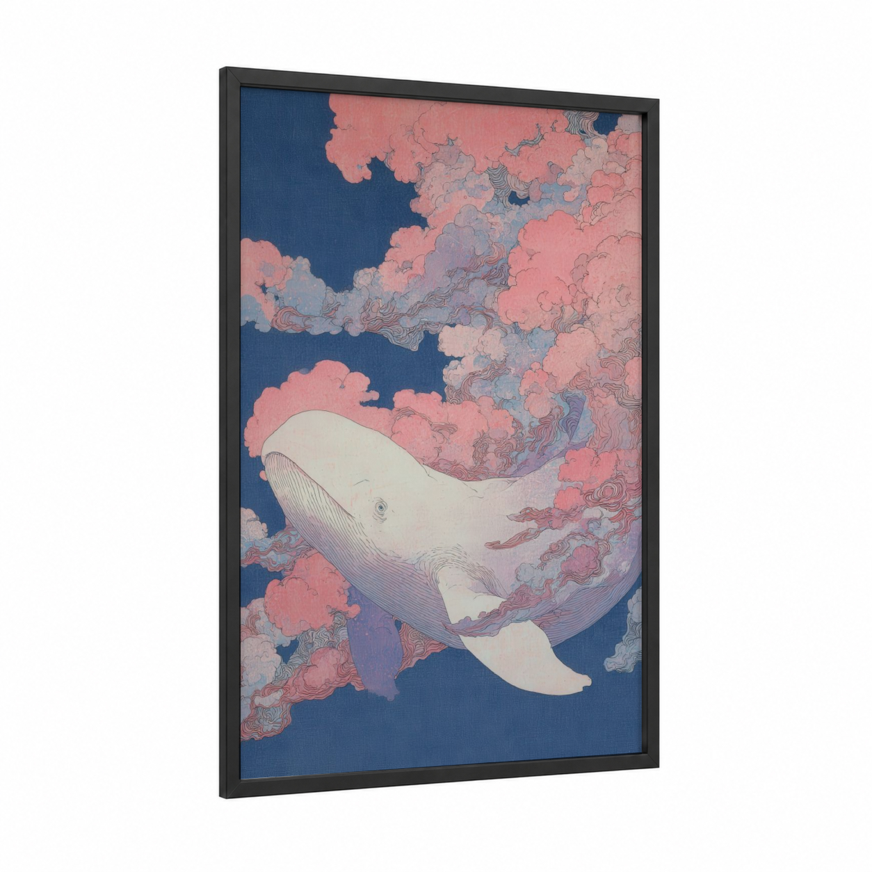 Dreaming Beluga framed beluga whale print — black wood frame — blue and salmon pink palette