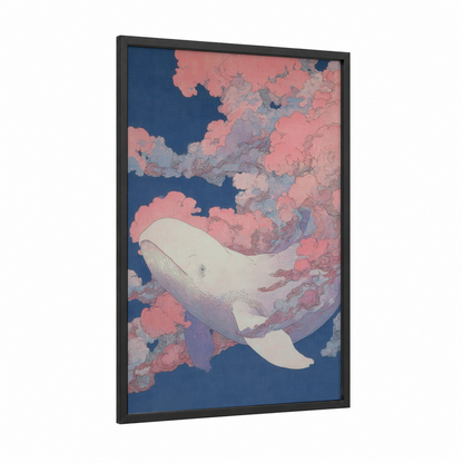 Dreaming Beluga framed beluga whale print — black wood frame — blue and salmon pink palette