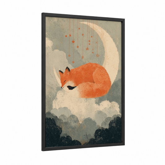Sleeping Fox Moon framed art print — black wood frame — orange and gray palette