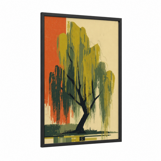 Weeping Willow Modernist framed willow tree print — black wood frame — orange and yellow gold palette