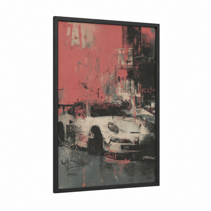 Crimson Speedster framed sports car print — black wood frame — maroon and black and white palette