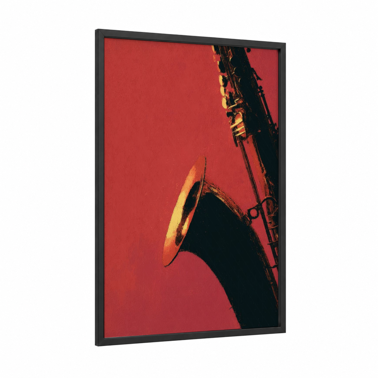 Crimson Saxophone framed art print — black wood frame — red and gold palette