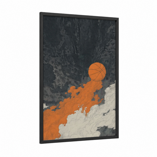 Molten Ascent framed basketball print — black wood frame — orange palette