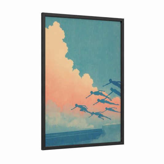 Skyward Athletes framed track and field print — black wood frame — teal and peach palette
