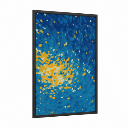 Golden Star Burst framed art print — black wood frame — blue and gold palette