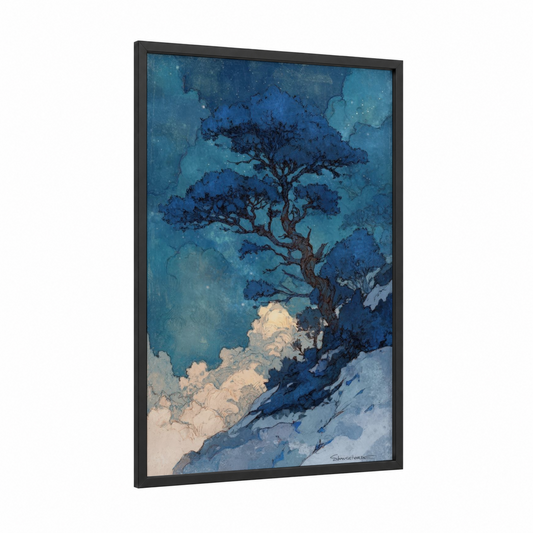 Snowy Juniper framed juniper tree print — black wood frame — blue and cream palette