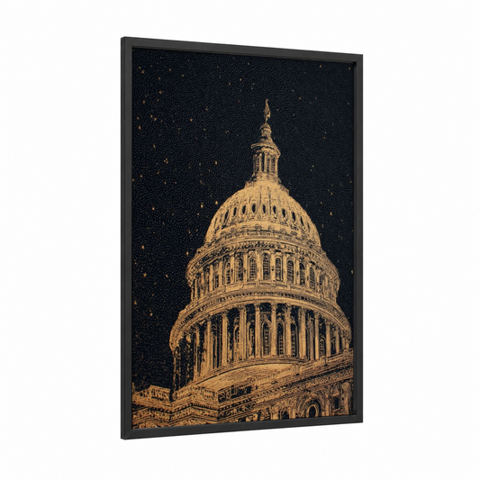 Starlit Capitol framed us capitol print — black wood frame — gold and black and gold palette