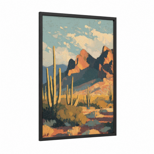 Desert Saguaro framed cactus print — black wood frame — gold and russet palette