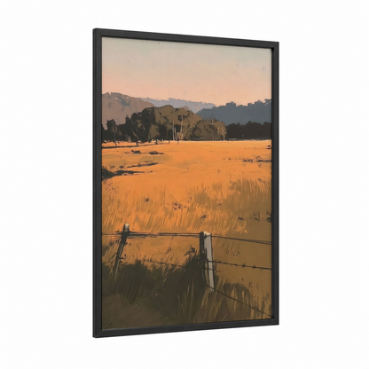 Golden Field Sunset framed various landscapes print — black wood frame — gold and peach palette
