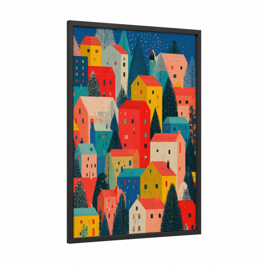 Festive Village Winter framed christmas print — black wood frame — red and dark blue palette