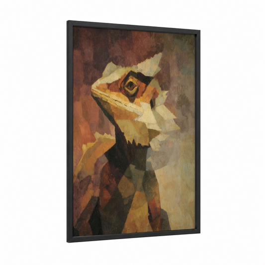 Golden Lizard framed art print — black wood frame — gold and brown palette