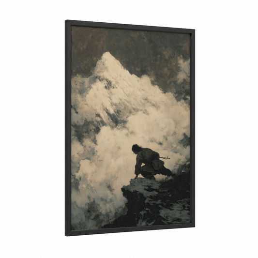 Mountain Warrior framed kung fu print — black wood frame — cream and black palette