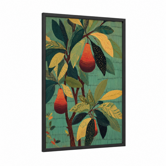 Autumn Pear Tree framed fruit trees print — black wood frame — gold and teal palette