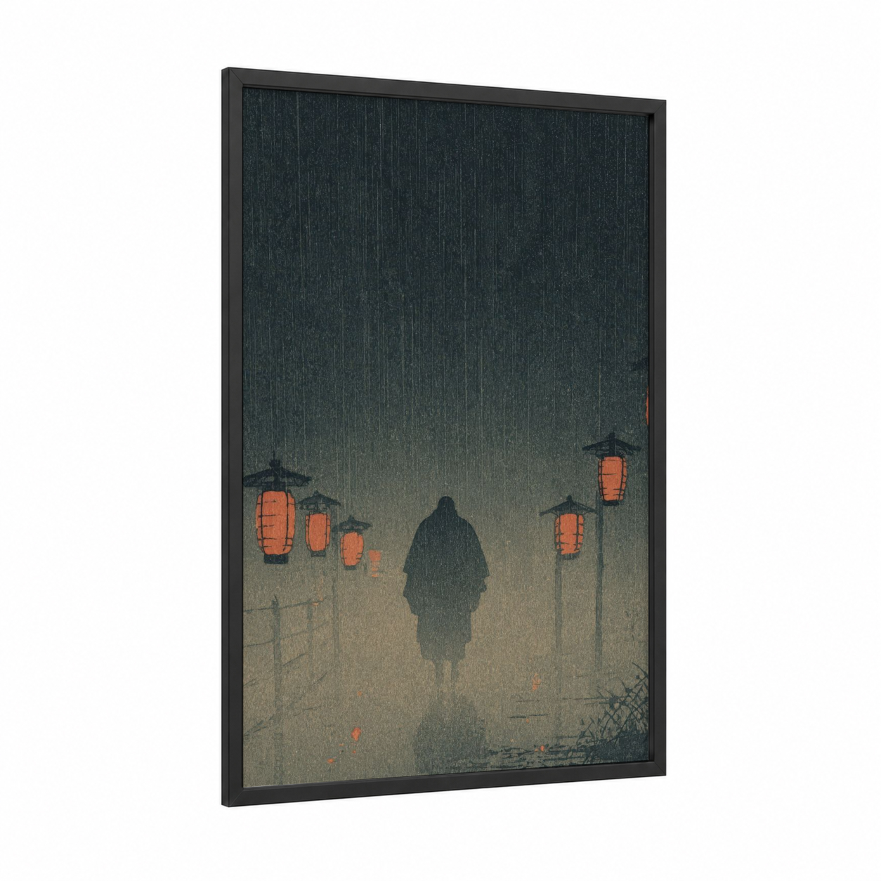 Rainy Sumo Silhouette framed art print — black wood frame — black and white and orange palette