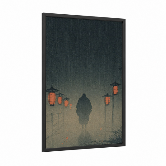 Rainy Sumo Silhouette framed art print — black wood frame — black and white and orange palette