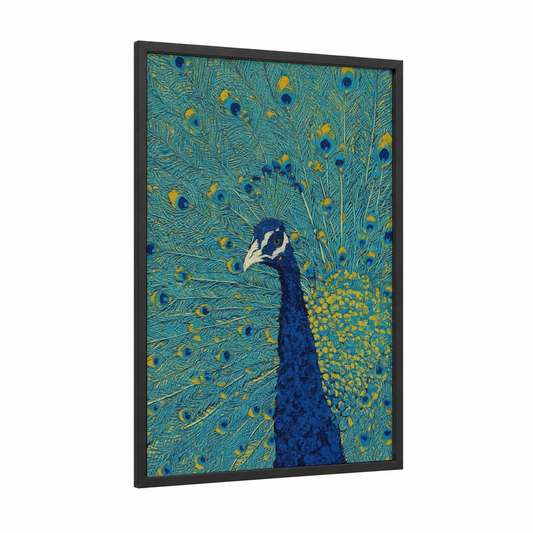 Royal Peacock Display framed art print — black wood frame — blue and gold palette