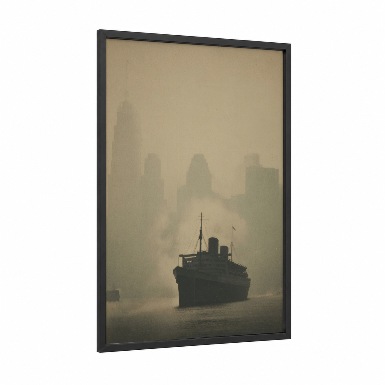 Misty Liner framed cruise ship print — black wood frame — gray and black and white palette