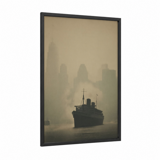 Misty Liner framed cruise ship print — black wood frame — gray and black and white palette