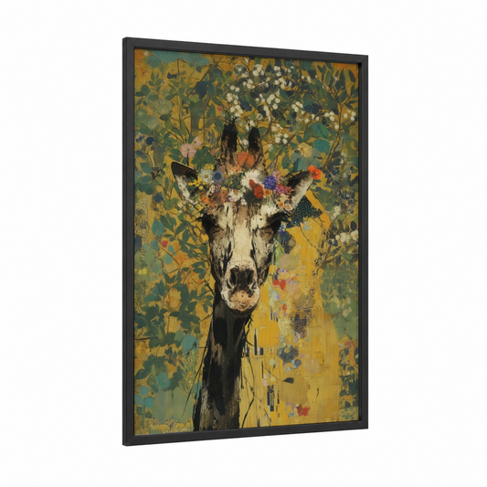 Floral Giraffe framed art print — black wood frame — gold and teal palette