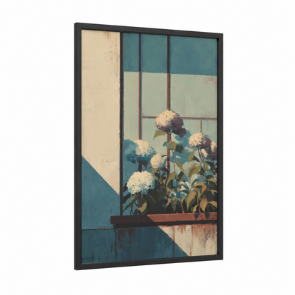 Windowsill Hydrangea framed art print — black wood frame — teal and cream palette