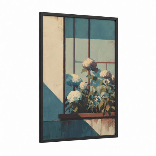 Windowsill Hydrangea framed art print — black wood frame — teal and cream palette