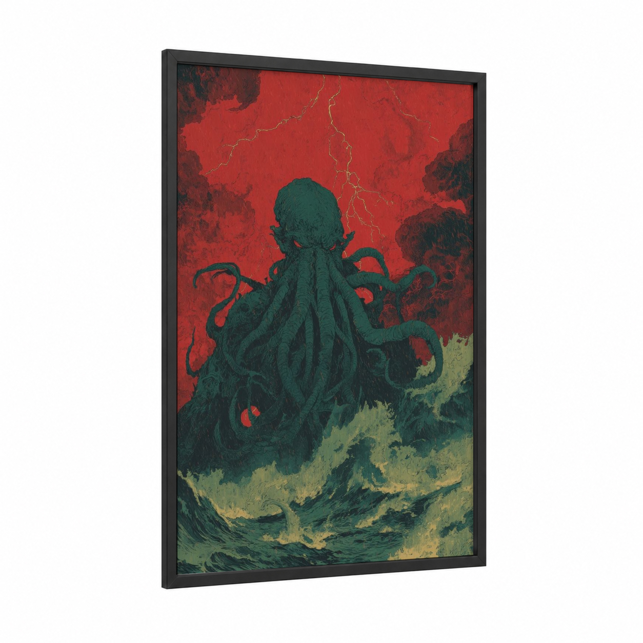 Crimson Cthulhu framed art print — black wood frame — red and dark green palette