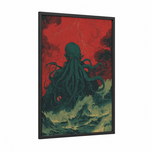 Crimson Cthulhu framed art print — black wood frame — red and dark green palette