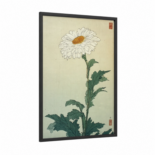 White Daisy Bloom framed art print — black wood frame — cream and true green palette