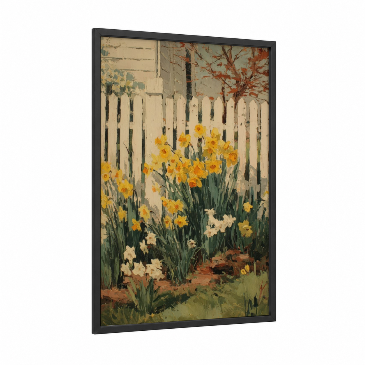 Golden Daffodils framed art print — black wood frame — yellow gold and cream palette