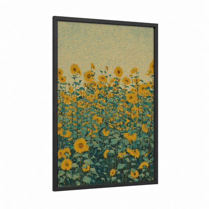 Golden Sunflower Field framed art print — black wood frame — yellow gold and true green palette
