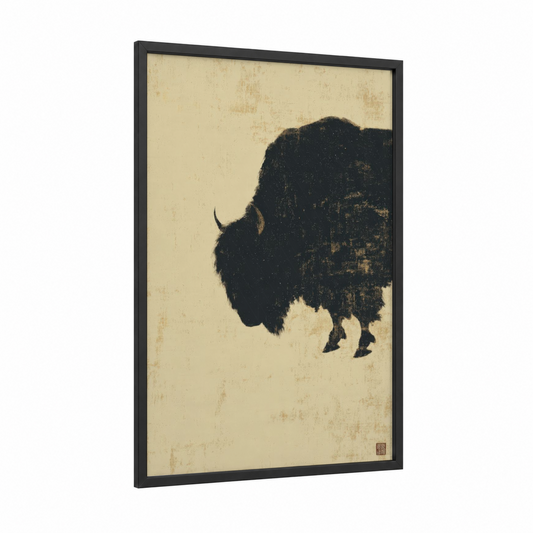 Silhouette Yak framed art print — black wood frame — black and cream palette