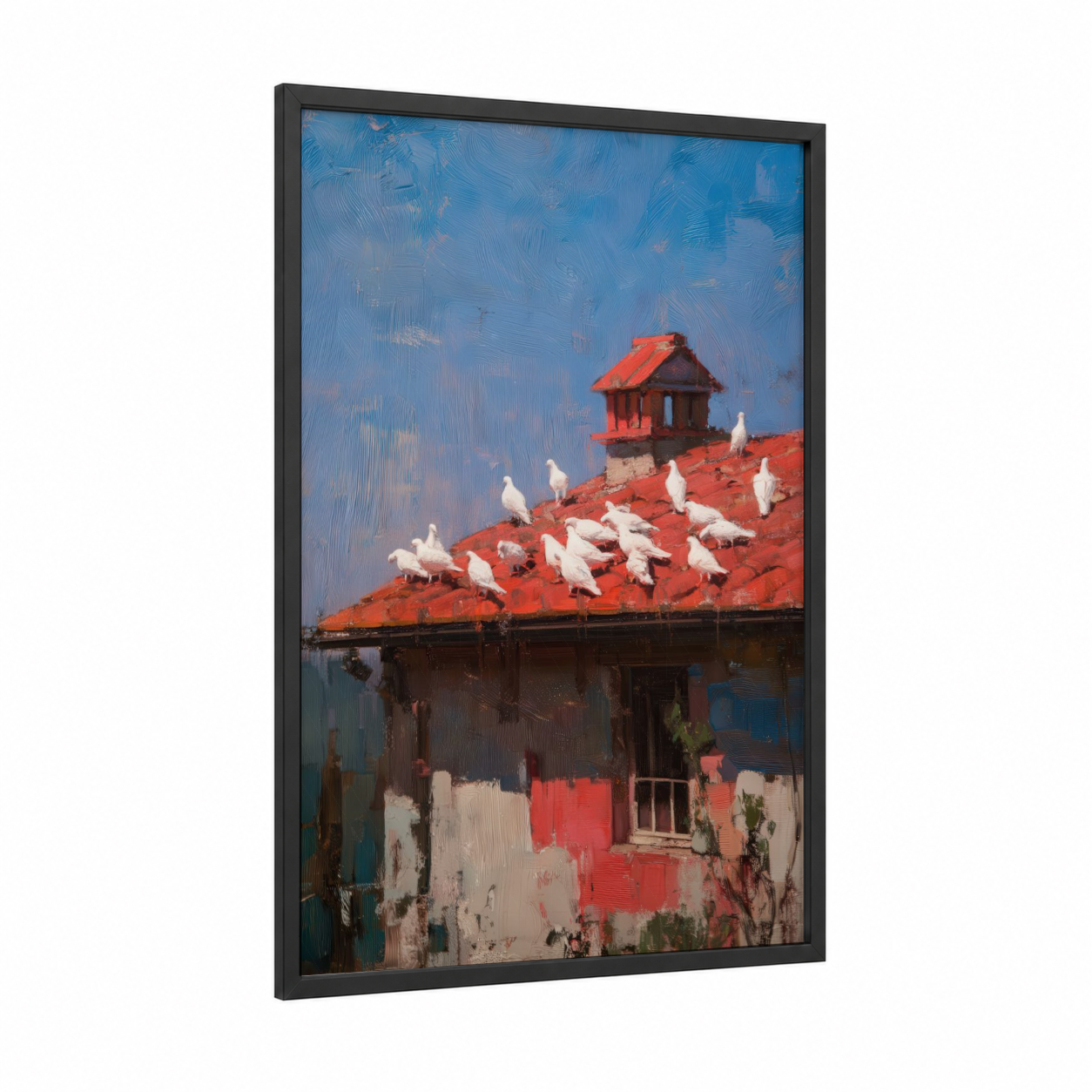 Weathered Dovecote framed art print — black wood frame — blue and red palette