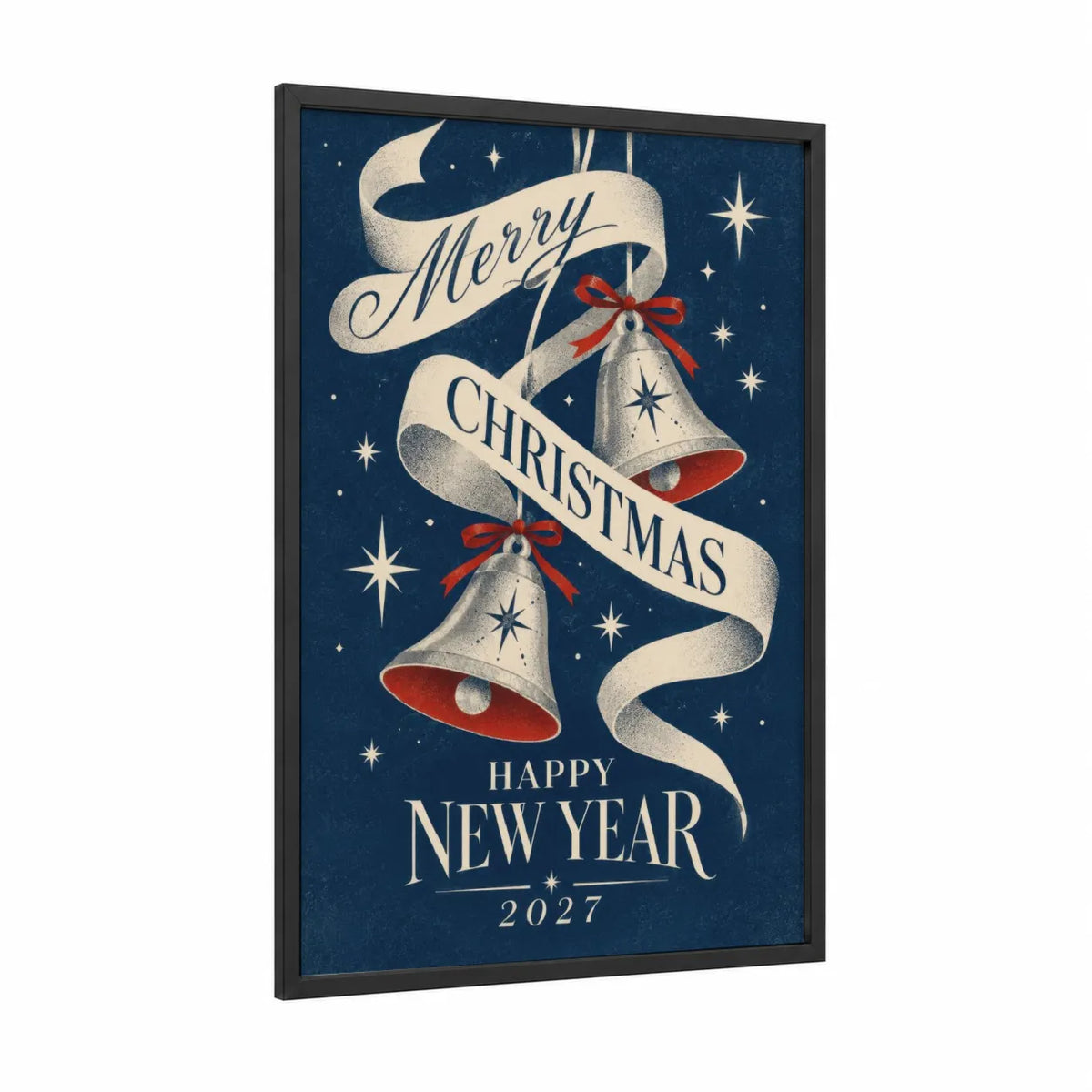 Vintage Christmas Bells Holiday Wall Art framed art print — black wood frame — blue and silver palette