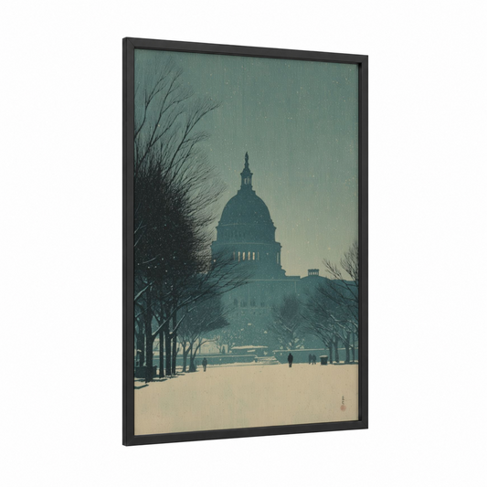 Snowy Capitol framed us capitol print — black wood frame — dove gray and light green palette