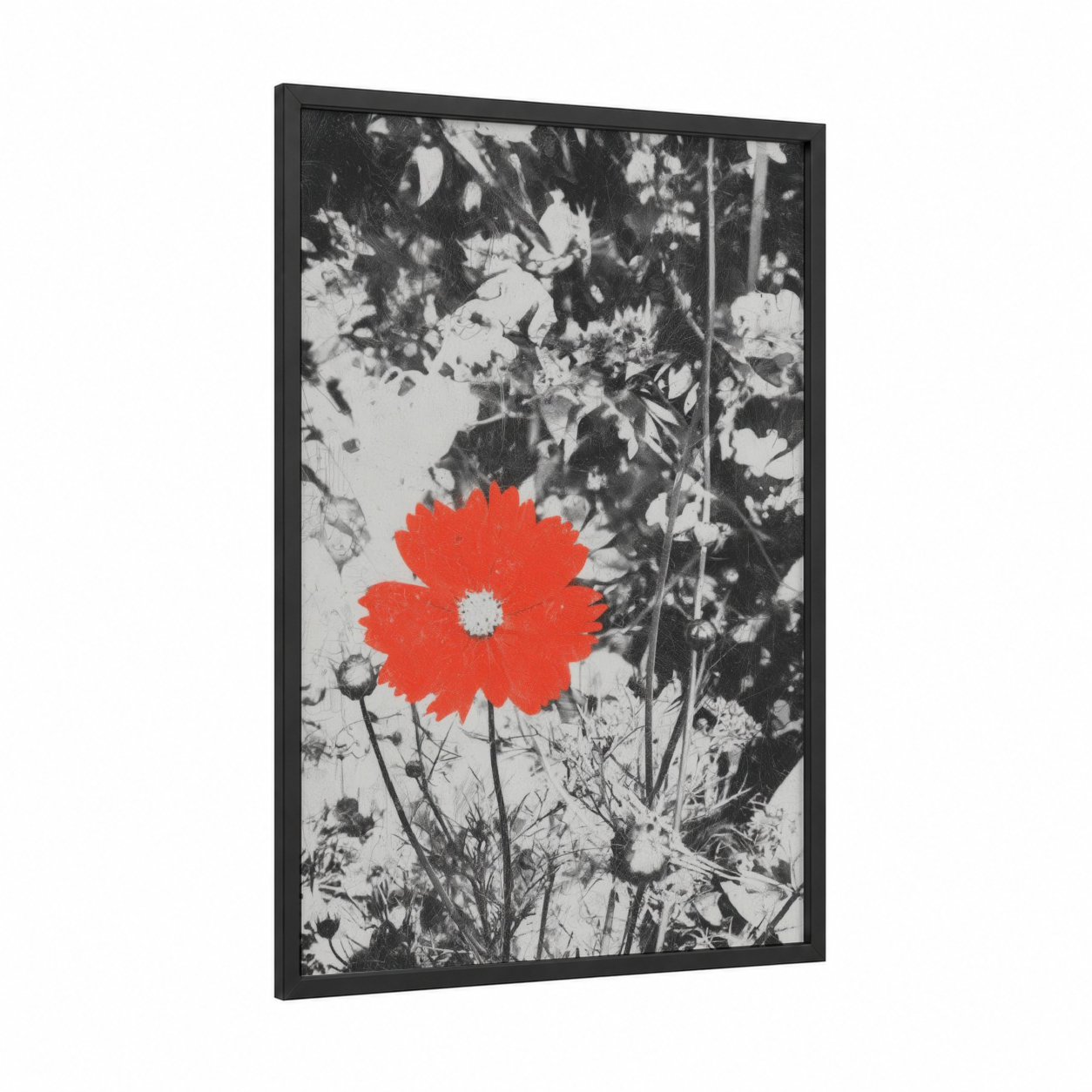 Crimson Bloom Study framed abstract flower print — black wood frame — red and black and white palette