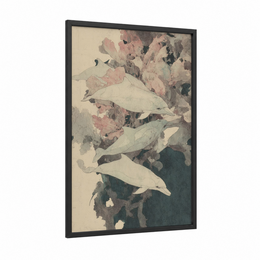 Graceful Dolphins framed art print — black wood frame — gray and rose gold palette