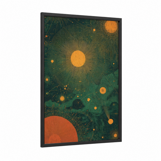 Cosmic Garden framed galaxy print — black wood frame — dark green and gold palette