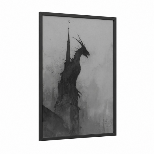 Dark Cathedral Dragon framed art print — black wood frame — black and white and gray palette